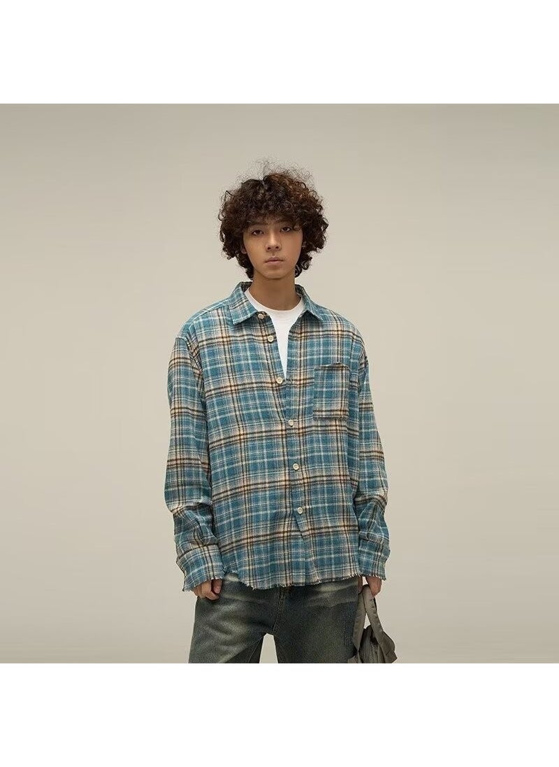 Generic - Retro Tassel Fringe Plaid Shirt Unisex Spring Fall Blue - Image 1