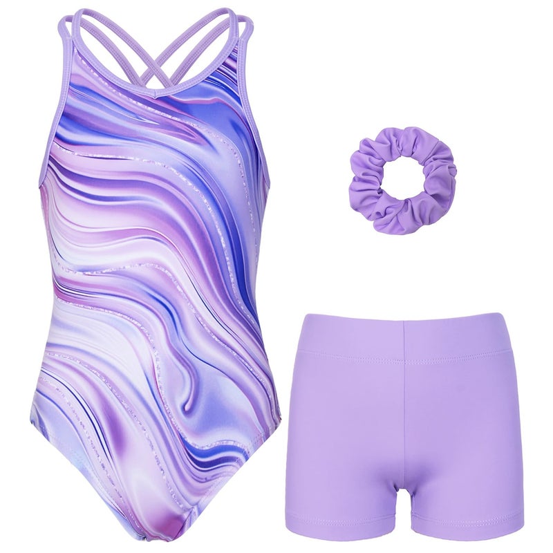 JOYSTREAM Gymnastics Leotards for Girls With Polyamide Shorts Sparkly Ballet Dance Activewear Purple Marble,8-9Years - Image 1