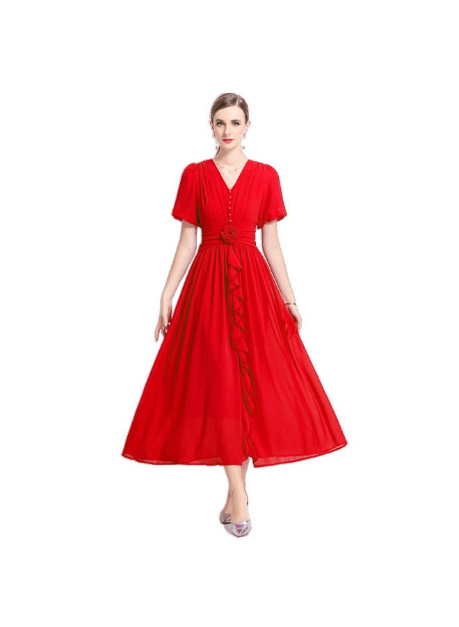 الفساتين الطويلة باللون النقي بعنق V الخفيفة للخصر الأنيقة بالزهور الثلاثية اليدوية للصيف باللون الأحمر