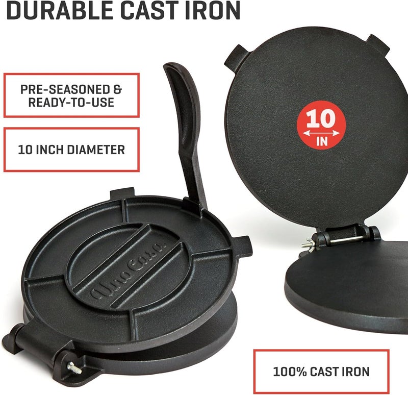 Uno Casa Cast Iron Tortilla Press 10 Inch - Tortilla Maker Press, Pre-Seasoned Roti Maker with 100 Pcs Parchment Paper - Heavy Duty Quesadilla Maker for Homemade Flatbreads, Rotis, Empanadas - Image 5