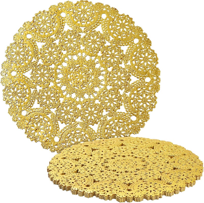 Juvale 60 Pack 10 Inch Gold Paper Doilies for Dining Table, Round Decorative Medallion Lace Placemats for Wedding - Image 1