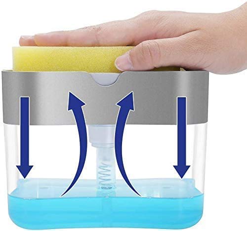 Nicolette 2-in-1 Soap Plastic Dispenser with Hydraulic Pump & Sponge Holder Caddy | 385ml, Sponge Included (Transparent) - Image 3