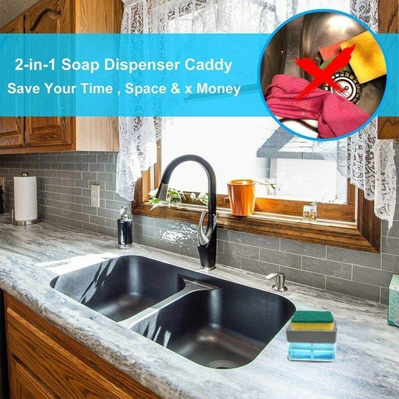 Nicolette 2-in-1 Soap Plastic Dispenser with Hydraulic Pump & Sponge Holder Caddy | 385ml, Sponge Included (Transparent) - Image 2