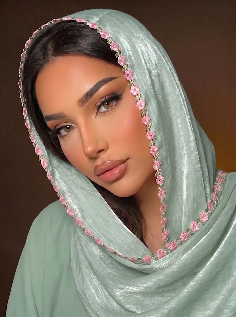 Plain Color Island Silk Malaysian Instant Hijab for Women with Lace Embroidery – Soft Breathable Shawl Scarf, Modest Fashion Prayer Cover