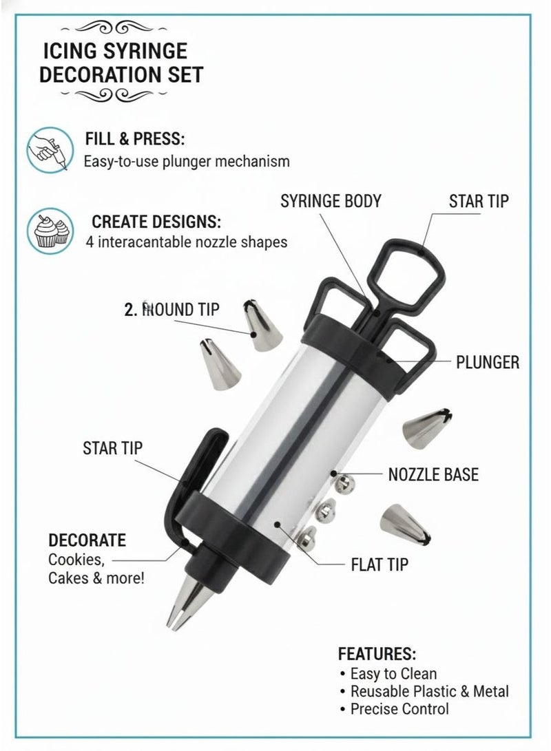 4 Nozzles Icing Syringe Decorating Set – Stainless Steel Cake Decorating Syringe for Cupcakes, Pastries & Desserts - Image 2