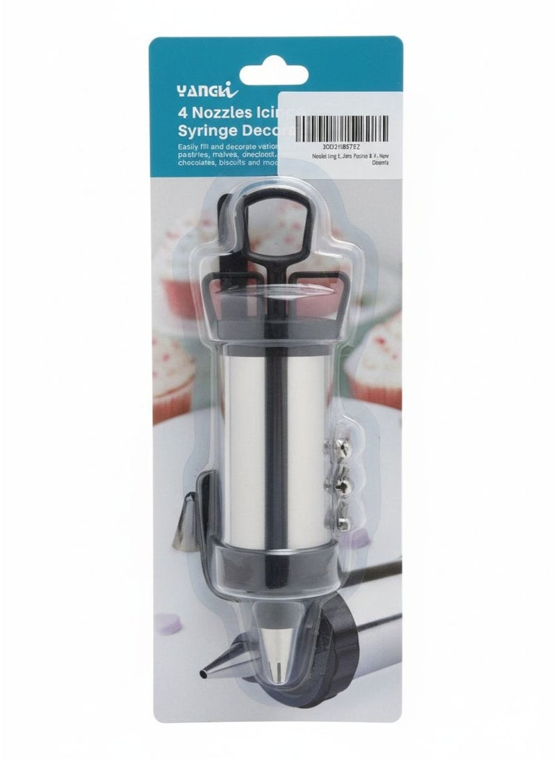 4 Nozzles Icing Syringe Decorating Set – Stainless Steel Cake Decorating Syringe for Cupcakes, Pastries & Desserts - Image 1