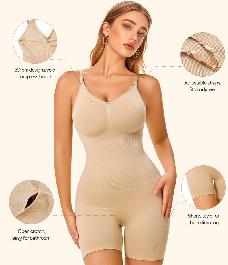Irisnaya Women Slimming Bodysuits Shapewear Tops Tummy Control Body Shaper Spaghetti Strap Camisole Leotards Bodycon Jumpsuit (Beige Mid Thigh, Medium/Large) - Image 3