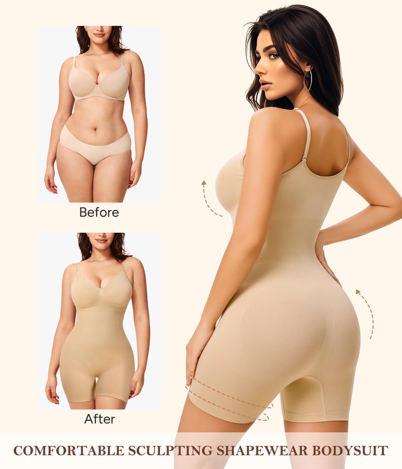 Irisnaya Women Slimming Bodysuits Shapewear Tops Tummy Control Body Shaper Spaghetti Strap Camisole Leotards Bodycon Jumpsuit (Beige Mid Thigh, Medium/Large) - Image 4