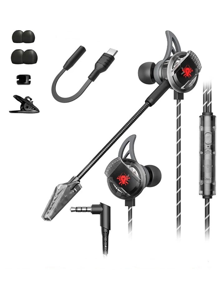 Plextone RX3 MERCURY Wired Gaming Earphones with 3.5mm AUX Jack and Type-C Connector for Android Phones, iPhone 15 of all models, and iPhone 16 of all models, with a long noise-isolating microphone, a durable, transparent design, soft, light, and comfortable for the ear, black color - Image 1