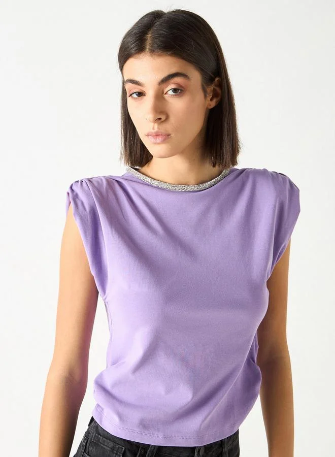 2Xtremz 2Xtremz Embellished Crew Neck Sleeveless Top with Ruched Detail