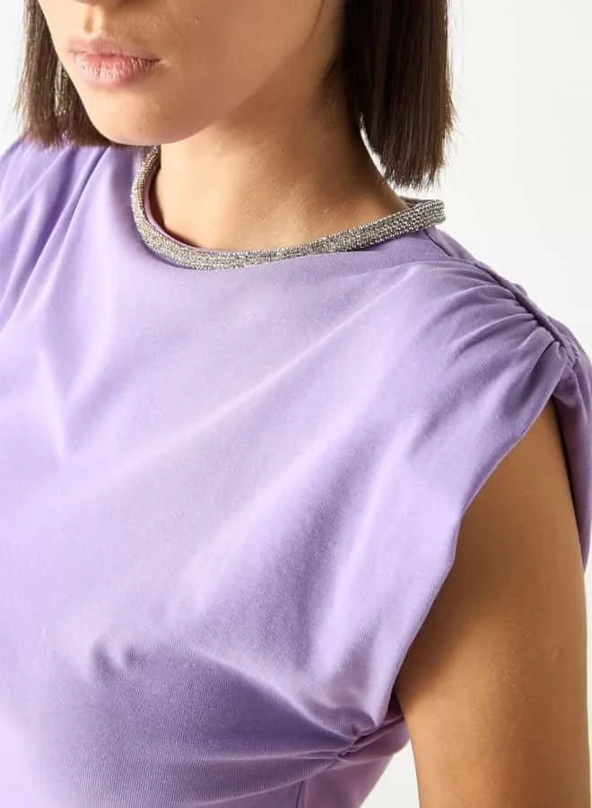 2Xtremz 2Xtremz Embellished Round Neck Sleeveless Top with Ruched Detail