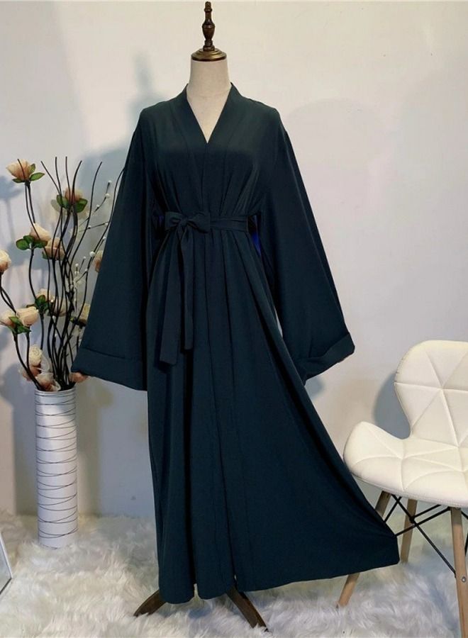 Loquat Women's Casual Full Length Lace-up Cardigan Dress Women's Solid Color Long Sleeves Abaya muslim Blackish Green 