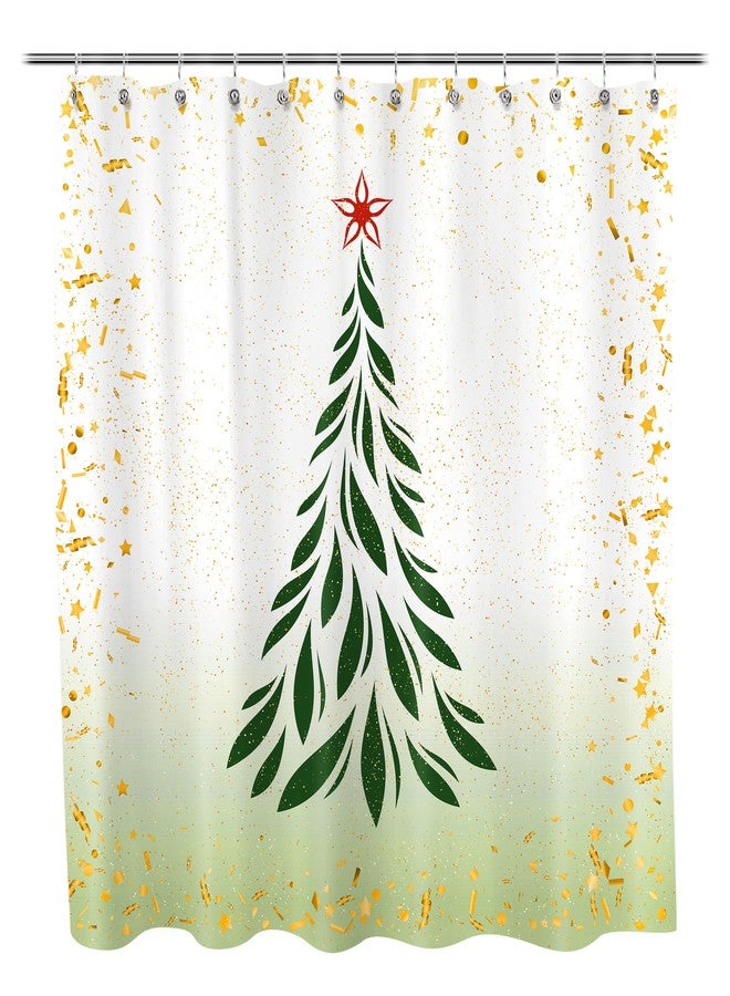 Sunlit Christmas Shower Curtain, Green Xmas Pine Tree with Red Star Ornament Holiday Farmhouse Decorations, Festive Bathroom Fabric Shower Curtain, Home Decor Tapestry, 72" x 72" - Image 1