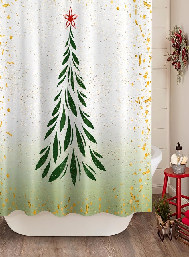 Sunlit Christmas Shower Curtain, Green Xmas Pine Tree with Red Star Ornament Holiday Farmhouse Decorations, Festive Bathroom Fabric Shower Curtain, Home Decor Tapestry, 72" x 72" - Image 4