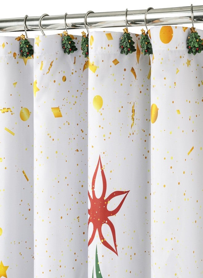 Sunlit Christmas Shower Curtain, Green Xmas Pine Tree with Red Star Ornament Holiday Farmhouse Decorations, Festive Bathroom Fabric Shower Curtain, Home Decor Tapestry, 72" x 72" - Image 2