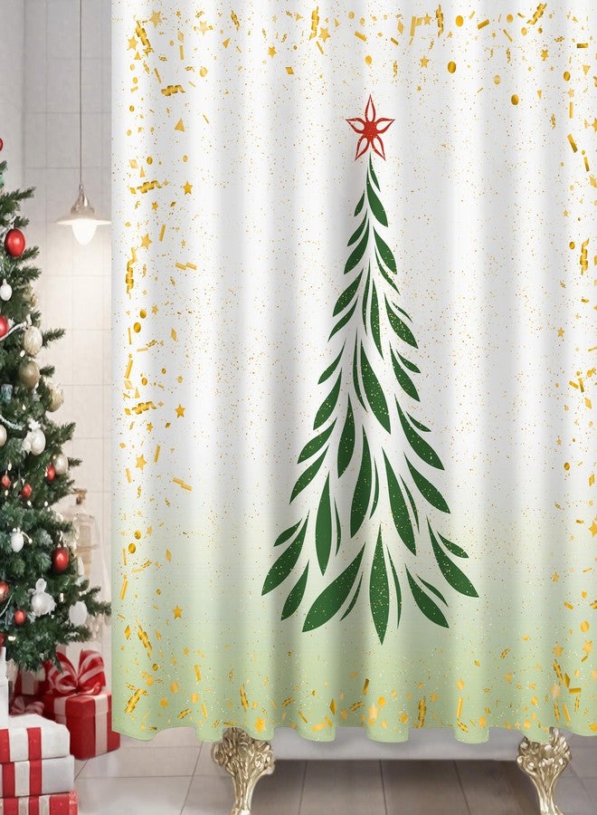Sunlit Christmas Shower Curtain, Green Xmas Pine Tree with Red Star Ornament Holiday Farmhouse Decorations, Festive Bathroom Fabric Shower Curtain, Home Decor Tapestry, 72" x 72" - Image 5
