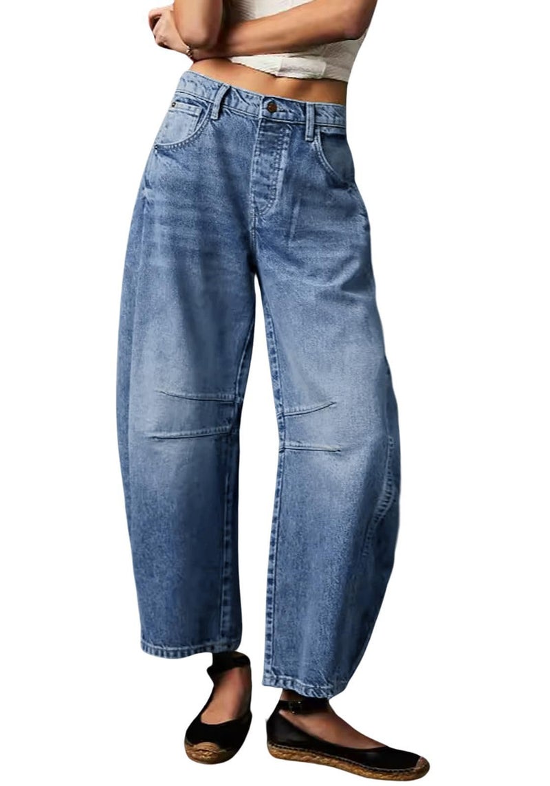 loveimgs Womens Stretchy Mid Rise Barrel Jeans Vintage Loose Wide Leg Cropped Denim Pants Y2k Baggy Boyfriend Jeans (X-Small,Blue) - Image 1