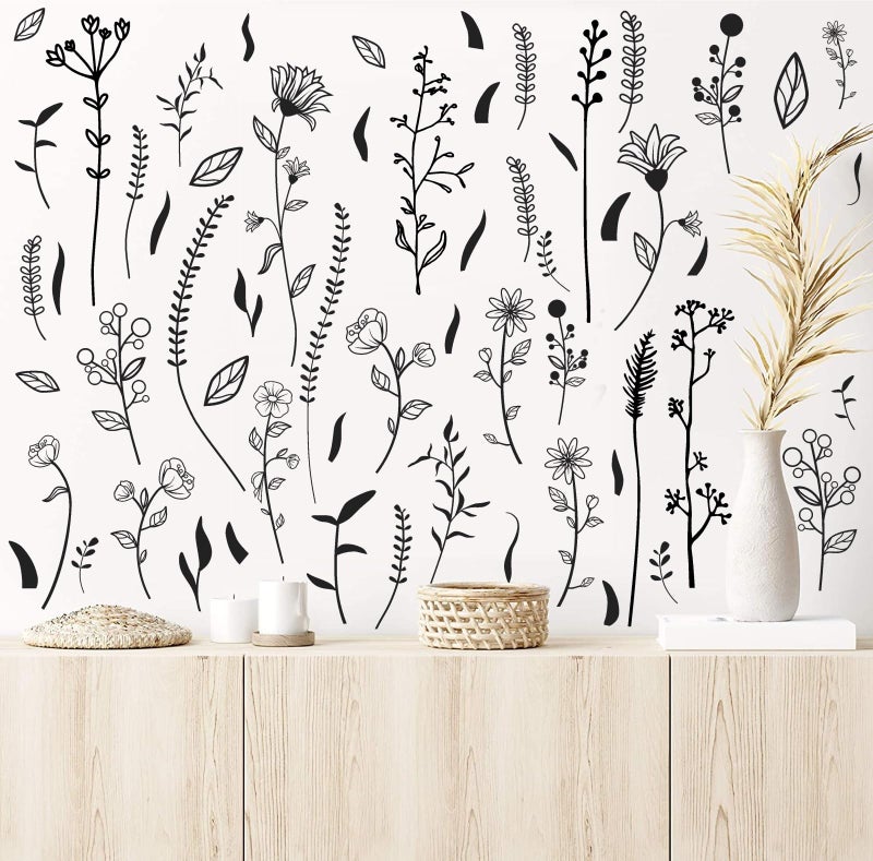 Kazova Floral Leaf Wall Decals Black Wildflower Wall Stickers Bouquet Botanical Plant Leaves Wall Stickers Peel and Stick Floral Flower Wall Deals for Kids Room Nursery Bedroom Decor