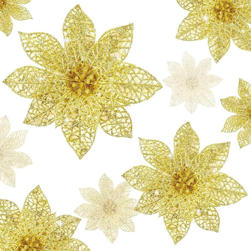 Wironlst 24 Pieces 3 Size Glitter Poinsettia Flowers Christmas Tree Ornaments  Glitzy Poinsettia Bushes Christmas Decorations for Xmas/Holiday/Seasonal/Wedding (Gold) - Image 1