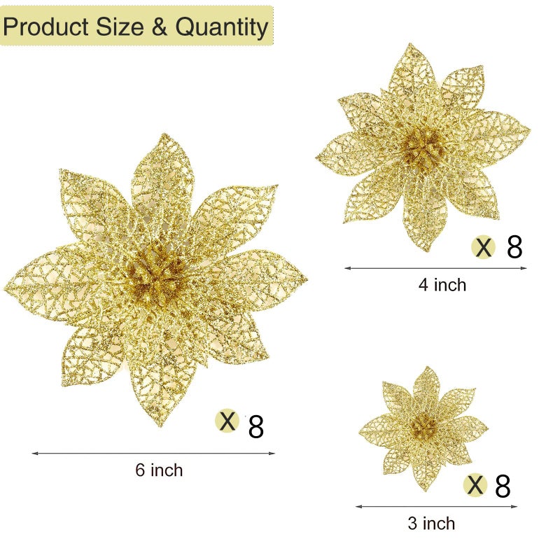 Wironlst 24 Pieces 3 Size Glitter Poinsettia Flowers Christmas Tree Ornaments  Glitzy Poinsettia Bushes Christmas Decorations for Xmas/Holiday/Seasonal/Wedding (Gold) - Image 4