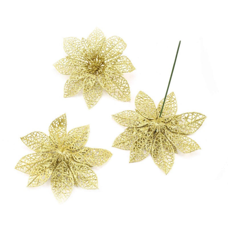 Wironlst 24 Pieces 3 Size Glitter Poinsettia Flowers Christmas Tree Ornaments  Glitzy Poinsettia Bushes Christmas Decorations for Xmas/Holiday/Seasonal/Wedding (Gold) - Image 5