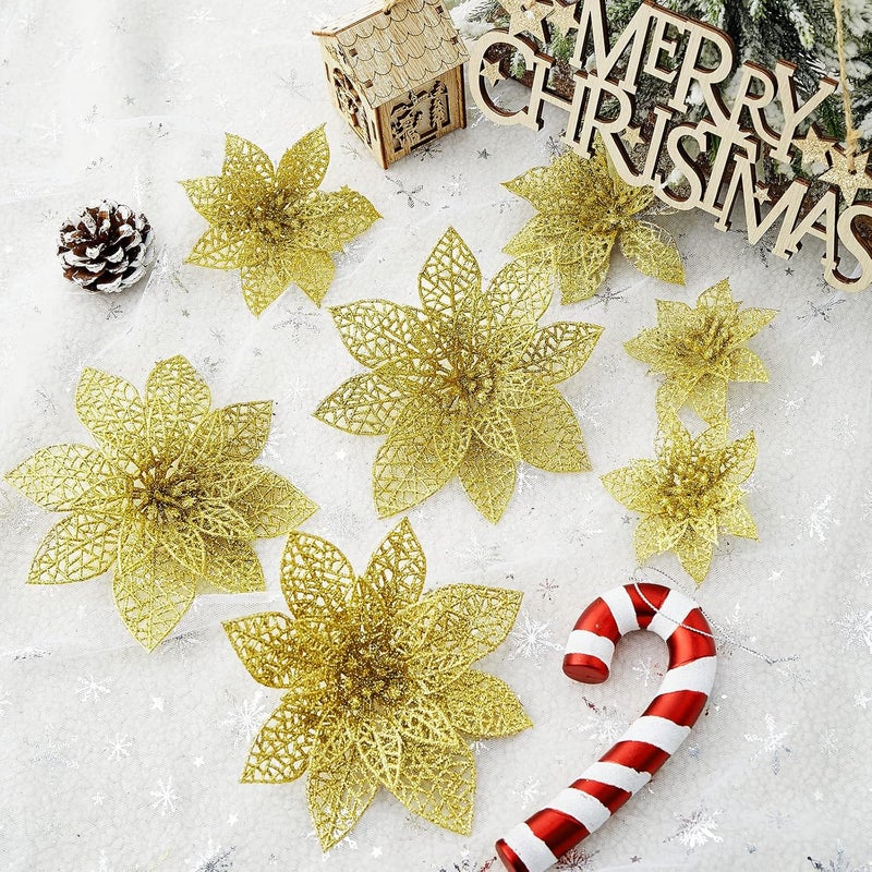 Wironlst 24 Pieces 3 Size Glitter Poinsettia Flowers Christmas Tree Ornaments  Glitzy Poinsettia Bushes Christmas Decorations for Xmas/Holiday/Seasonal/Wedding (Gold) - Image 3