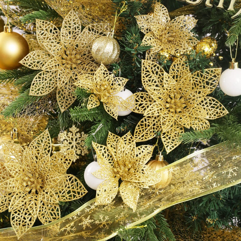 Wironlst 24 Pieces 3 Size Glitter Poinsettia Flowers Christmas Tree Ornaments  Glitzy Poinsettia Bushes Christmas Decorations for Xmas/Holiday/Seasonal/Wedding (Gold) - Image 2