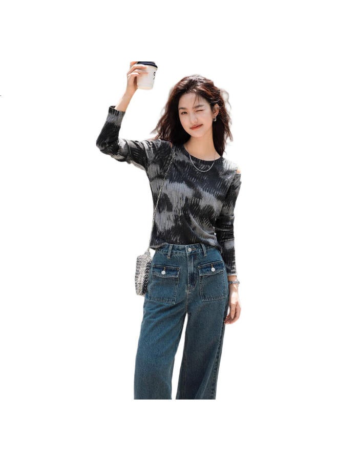dme Stylish Off-Shoulder T-Shirt Spring Autumn Irregular Black Grey Color Block Personality Trendy Slim Fit Top For Women - Image 3