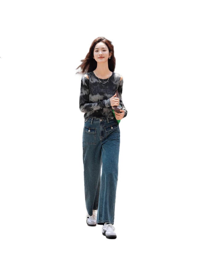dme Stylish Off-Shoulder T-Shirt Spring Autumn Irregular Black Grey Color Block Personality Trendy Slim Fit Top For Women - Image 1