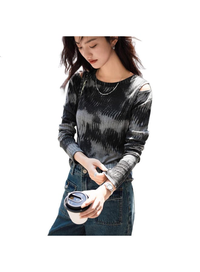 dme Stylish Off-Shoulder T-Shirt Spring Autumn Irregular Black Grey Color Block Personality Trendy Slim Fit Top For Women - Image 2