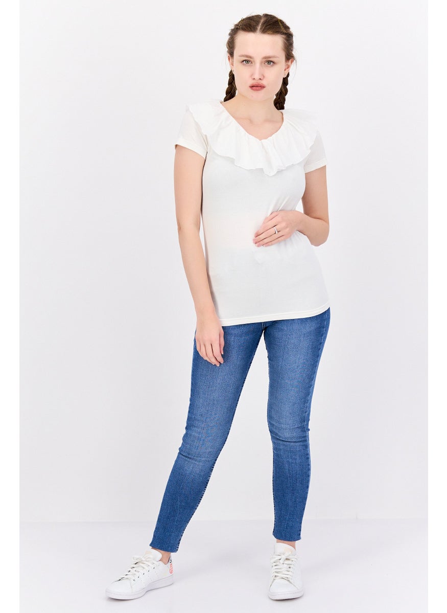 Mamalicious Women Round Neck Short Sleeves Plain Top, White  - Image 4