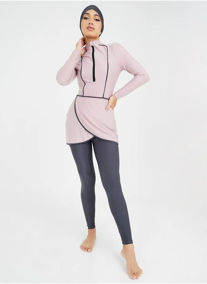 ستايلي Pack of 3 - Solid Zip Up Contrast Edge Wrap Burkini, Leggings & Cap