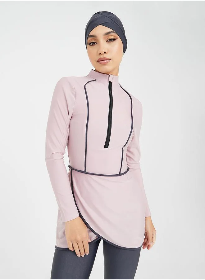 ستايلي Pack of 3 - Solid Zip Up Contrast Edge Wrap Burkini, Leggings & Cap