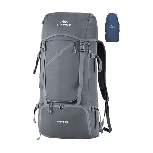 TRAWOC IGNITE 50 Litre Travel Bag Front & Top Open Backpack for Hiking Trekking Camping, Rucksack for Men & Women with Rain Cover and Shoe Compartment SHK020 Slate Grey - Image 1