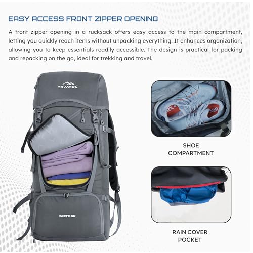 TRAWOC IGNITE 50 Litre Travel Bag Front & Top Open Backpack for Hiking Trekking Camping, Rucksack for Men & Women with Rain Cover and Shoe Compartment SHK020 Slate Grey - Image 5