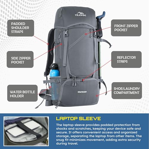 TRAWOC IGNITE 50 Litre Travel Bag Front & Top Open Backpack for Hiking Trekking Camping, Rucksack for Men & Women with Rain Cover and Shoe Compartment SHK020 Slate Grey - Image 4