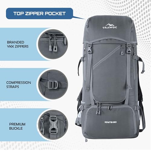 TRAWOC IGNITE 50 Litre Travel Bag Front & Top Open Backpack for Hiking Trekking Camping, Rucksack for Men & Women with Rain Cover and Shoe Compartment SHK020 Slate Grey - Image 2