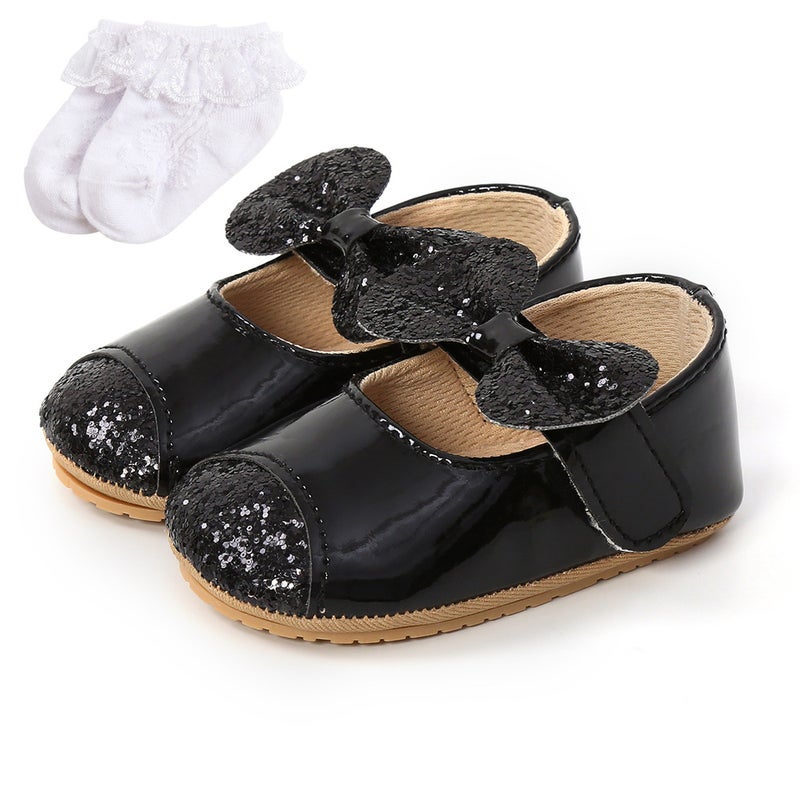 Butterfly Sequin Princess Baby Shoes Soft Sole M1951 Black socks 