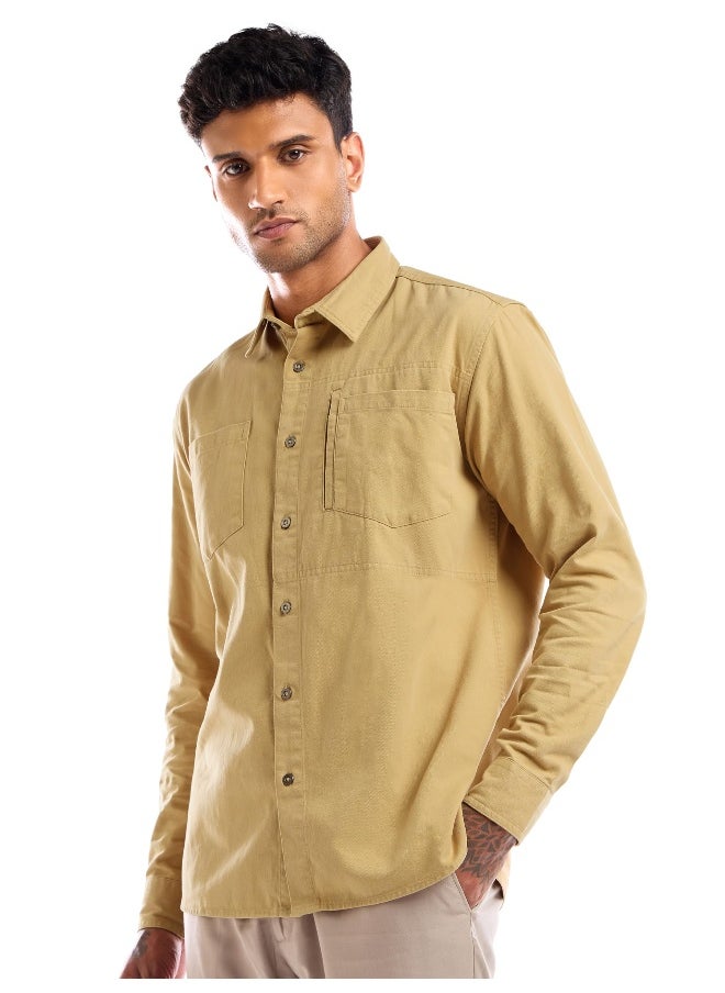 Beyoung Sand Brown Full Sleeve Cotton Solid Shirt for Men  - Image 1