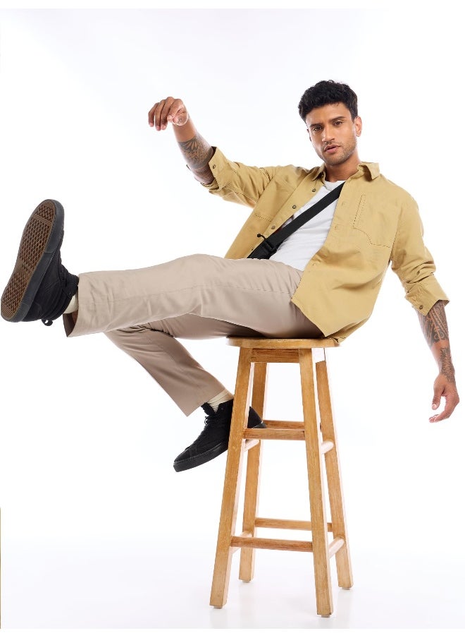 Beyoung Sand Brown Full Sleeve Cotton Solid Shirt for Men  - Image 2