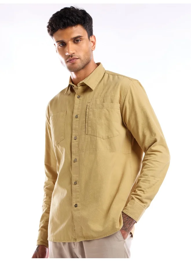 بيونغ Sand Brown Full Sleeve Cotton Solid Shirt for Men