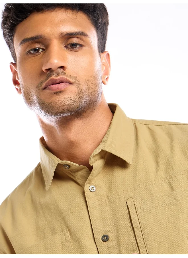 بيونغ Sand Brown Full Sleeve Cotton Solid Shirt for Men