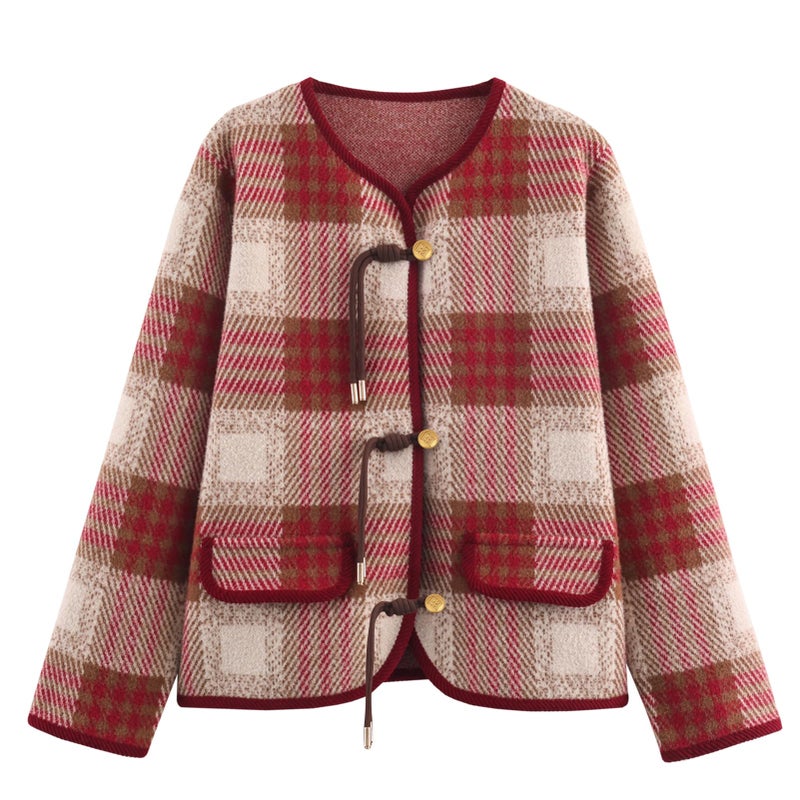 HOULENGS Womens Vintage Plaid Print Button Down Cardigan Sweaters Long Sleeve Knit Sweater Jackets with Pocket Fall Fashion Red Large - Image 1