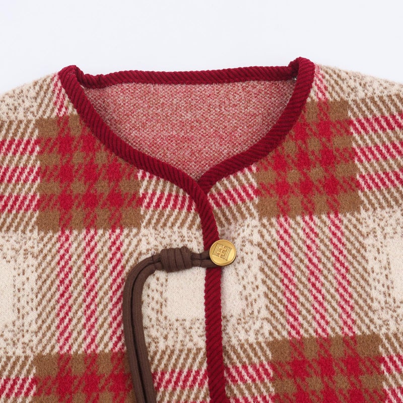 HOULENGS Womens Vintage Plaid Print Button Down Cardigan Sweaters Long Sleeve Knit Sweater Jackets with Pocket Fall Fashion Red Large - Image 5