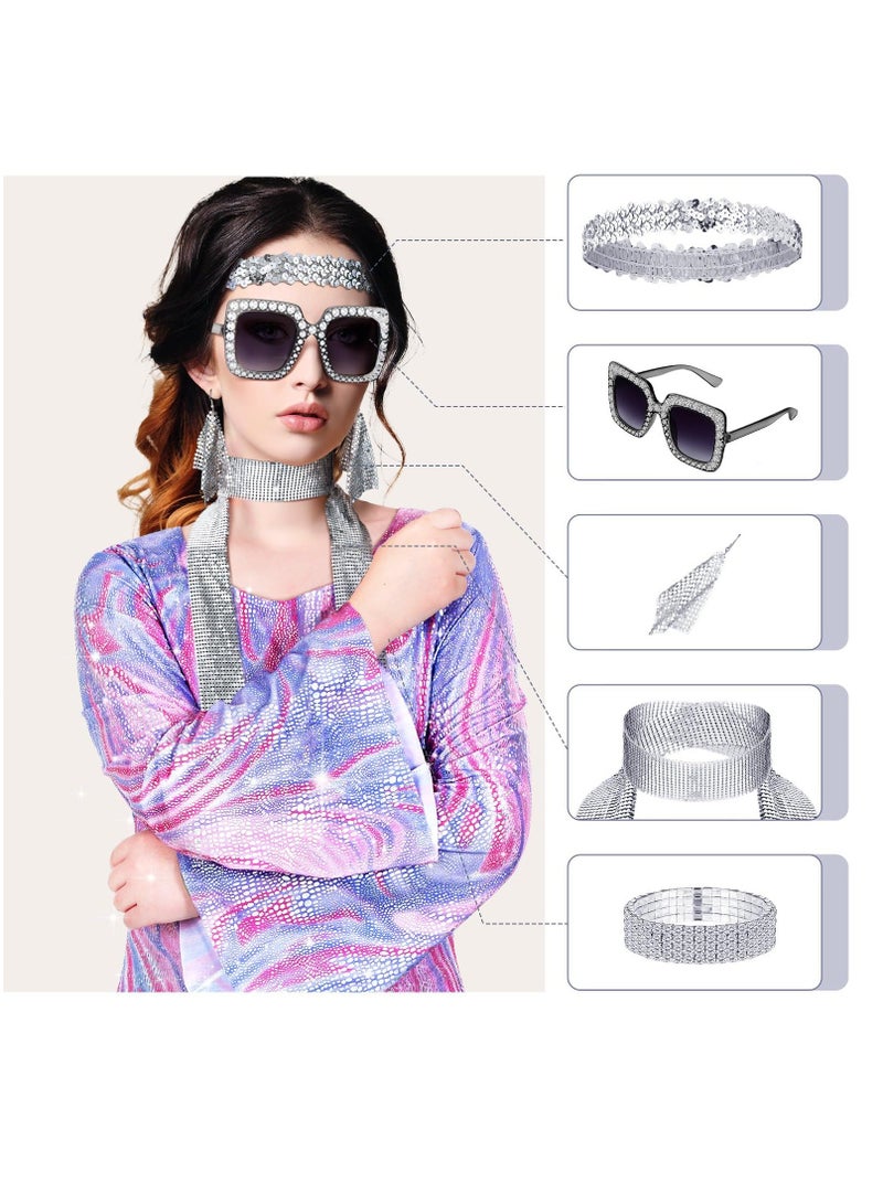 6 Pcs Disco Women Costume Outfit 70s Sequin Scarf Dress and Accessories Jewelry for Birthday Dance Party  - Image 3
