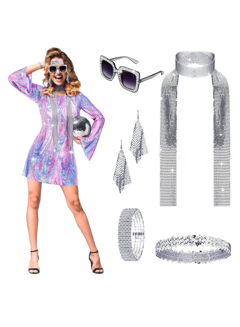6 Pcs Disco Women Costume Outfit 70s Sequin Scarf Dress and Accessories Jewelry for Birthday Dance Party  - Image 1