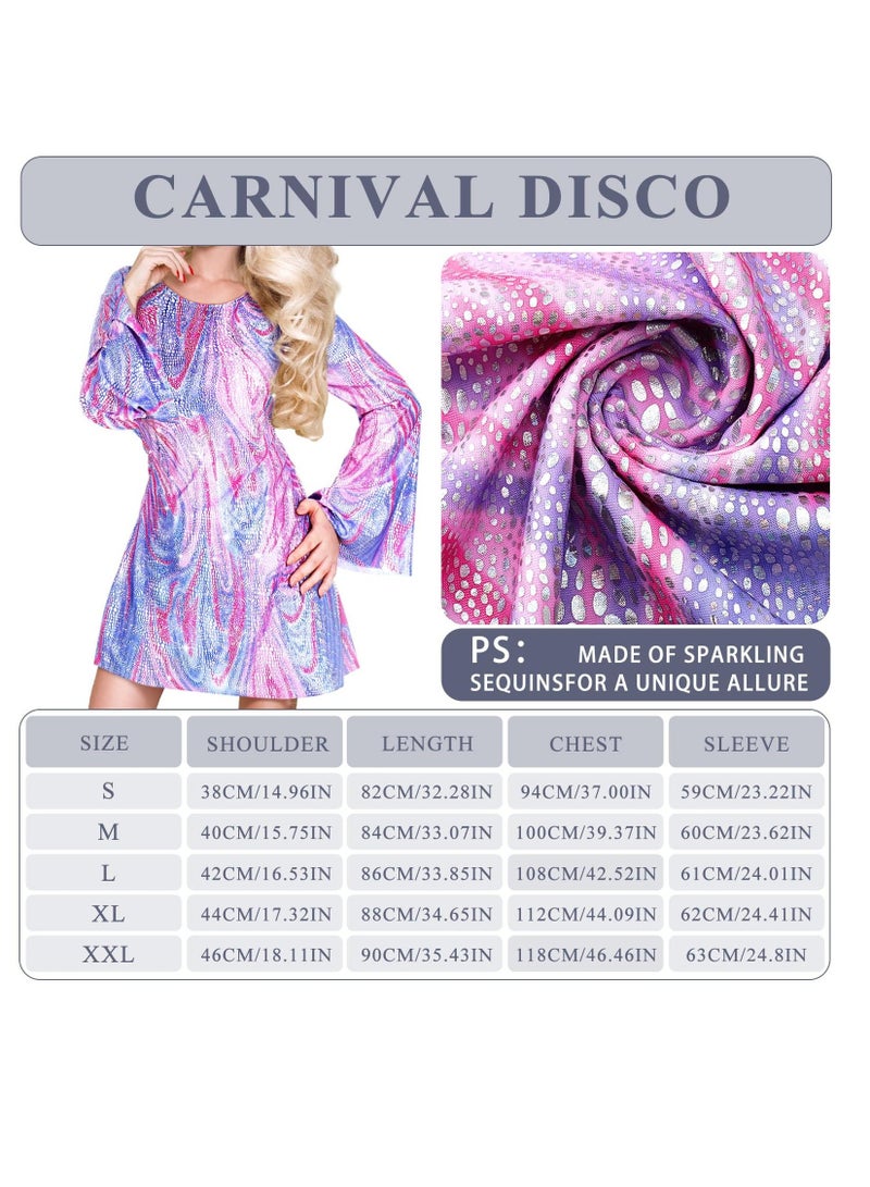 6 Pcs Disco Women Costume Outfit 70s Sequin Scarf Dress and Accessories Jewelry for Birthday Dance Party  - Image 4