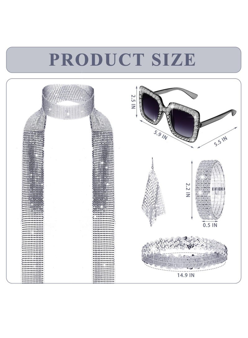 6 Pcs Disco Women Costume Outfit 70s Sequin Scarf Dress and Accessories Jewelry for Birthday Dance Party  - Image 2