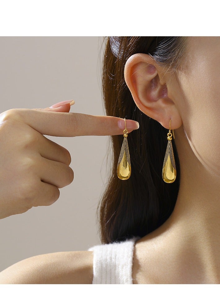 Elegant Gold-Plated Teardrop Dangle Earrings, 4.5 cm Slim Textured Top, Lightweight Hypoallergenic Alloy Drop Earrings for Casual, Party, Wedding & Formal Wear - Image 1