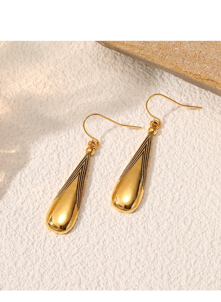 Elegant Gold-Plated Teardrop Dangle Earrings, 4.5 cm Slim Textured Top, Lightweight Hypoallergenic Alloy Drop Earrings for Casual, Party, Wedding & Formal Wear - Image 3
